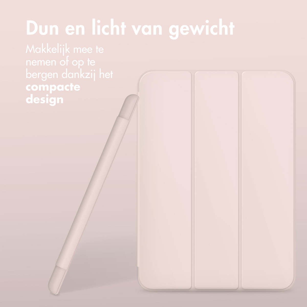 Étui et crayon pour tablette rose. Texte en néerlandais : Mince et léger, facile à transporter. Fond rose.