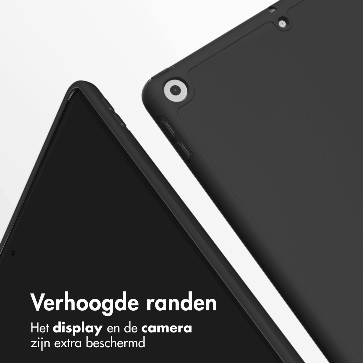 Een close-up van een zwarte tablethoes. Tekst beschrijft de bescherming van het scherm en de camera.