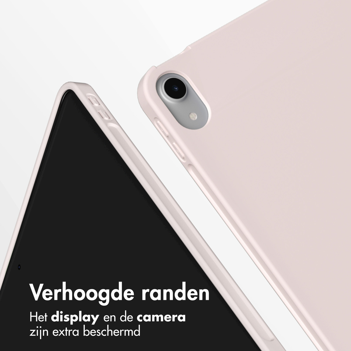 A close-up of a tablet with a pink case, showing screen and camera details.