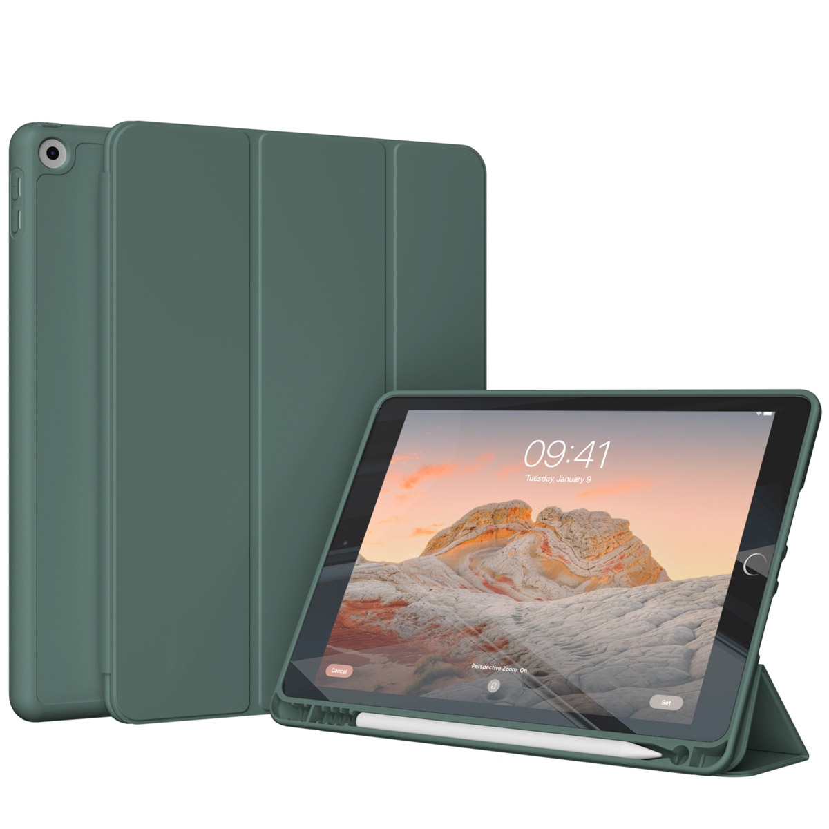 Tablet in een groene hoes, met een scherm, met een pen.