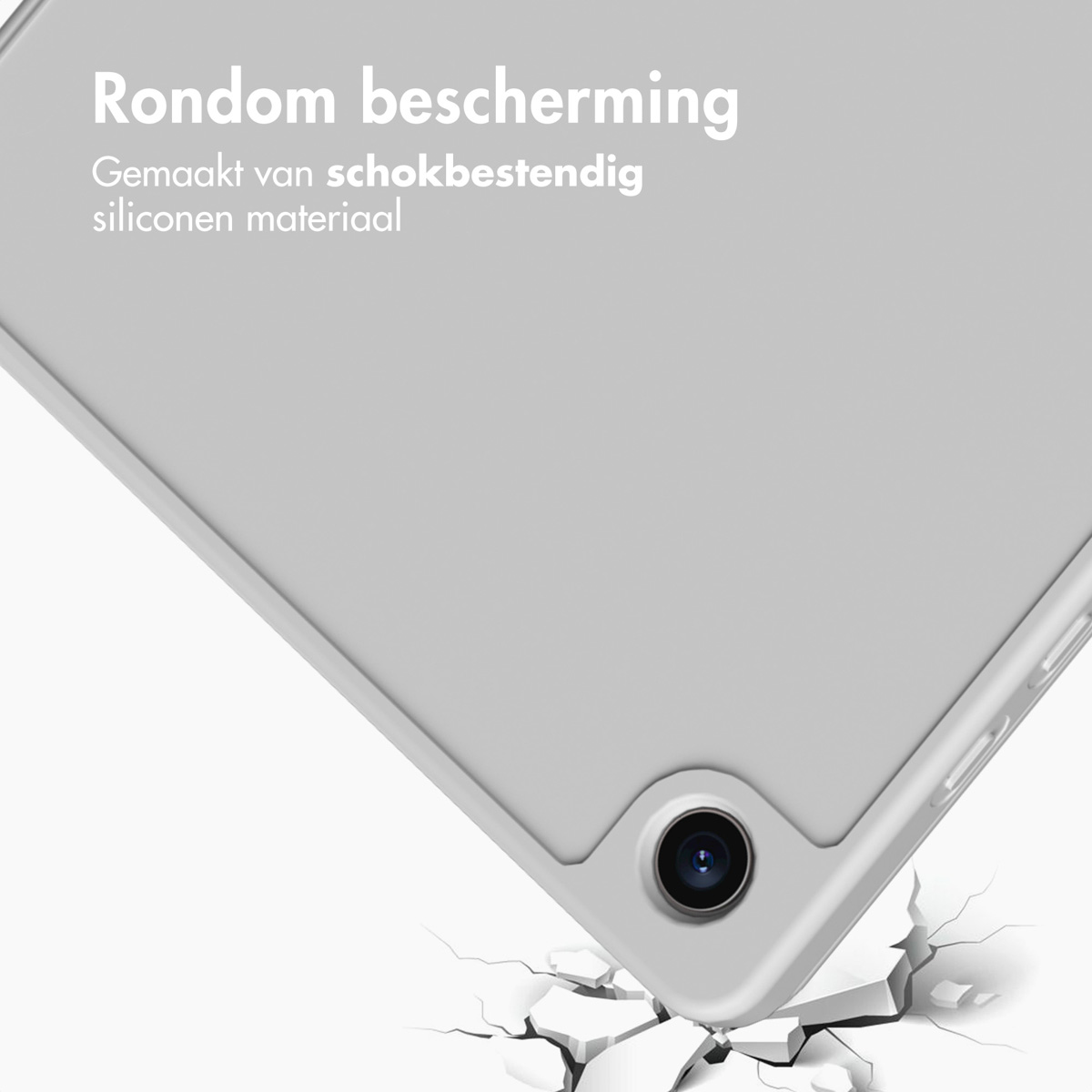 A gray tablet case with a camera cutout and a crack effect on the ground.