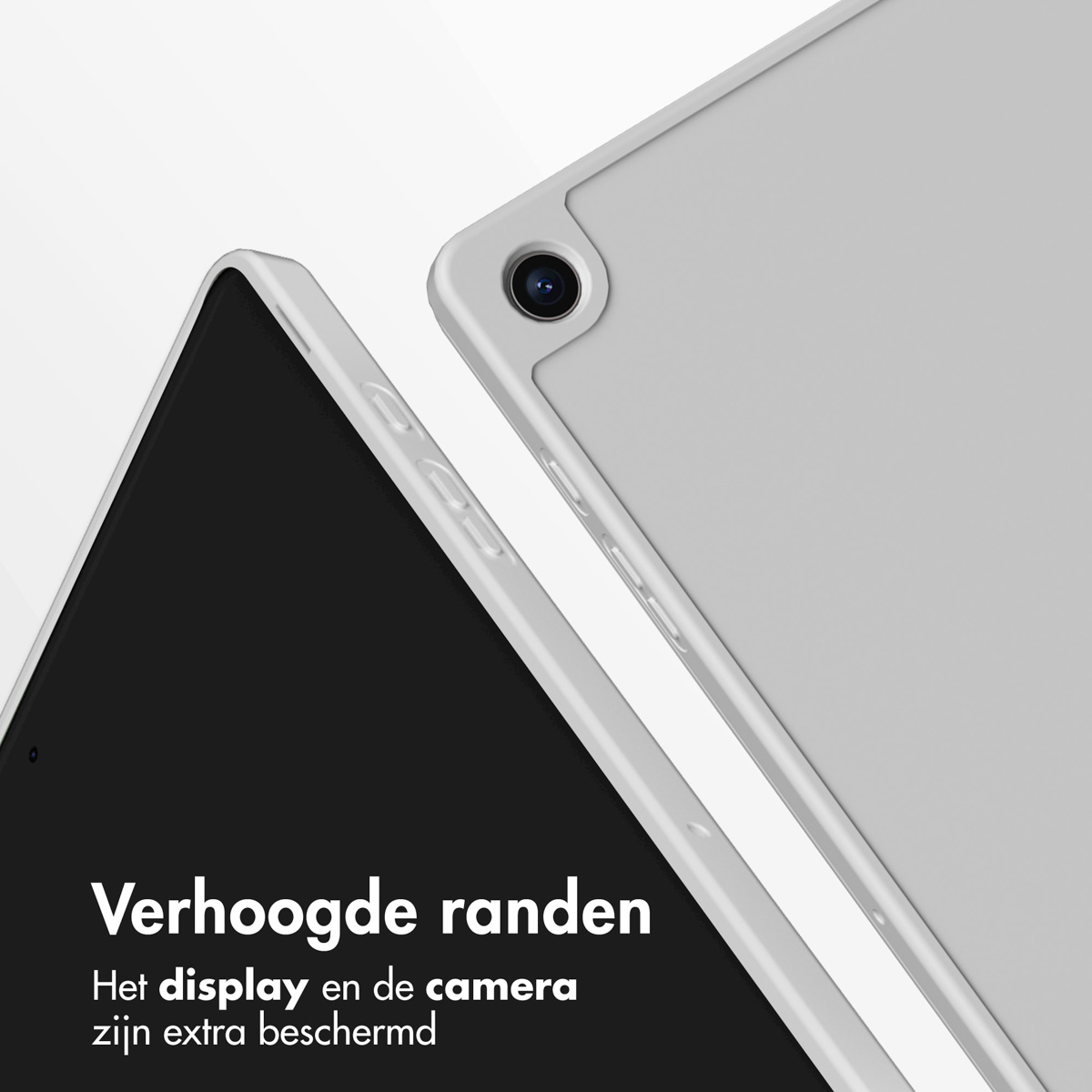 Close-up of a white tablet case. Text describes the display and camera protection.