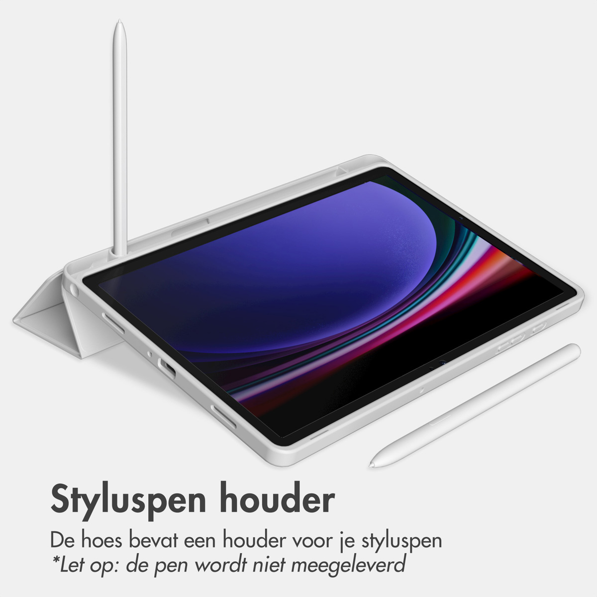 A tablet with a stylus pen, displayed on a white surface. The pen is near the tablet.