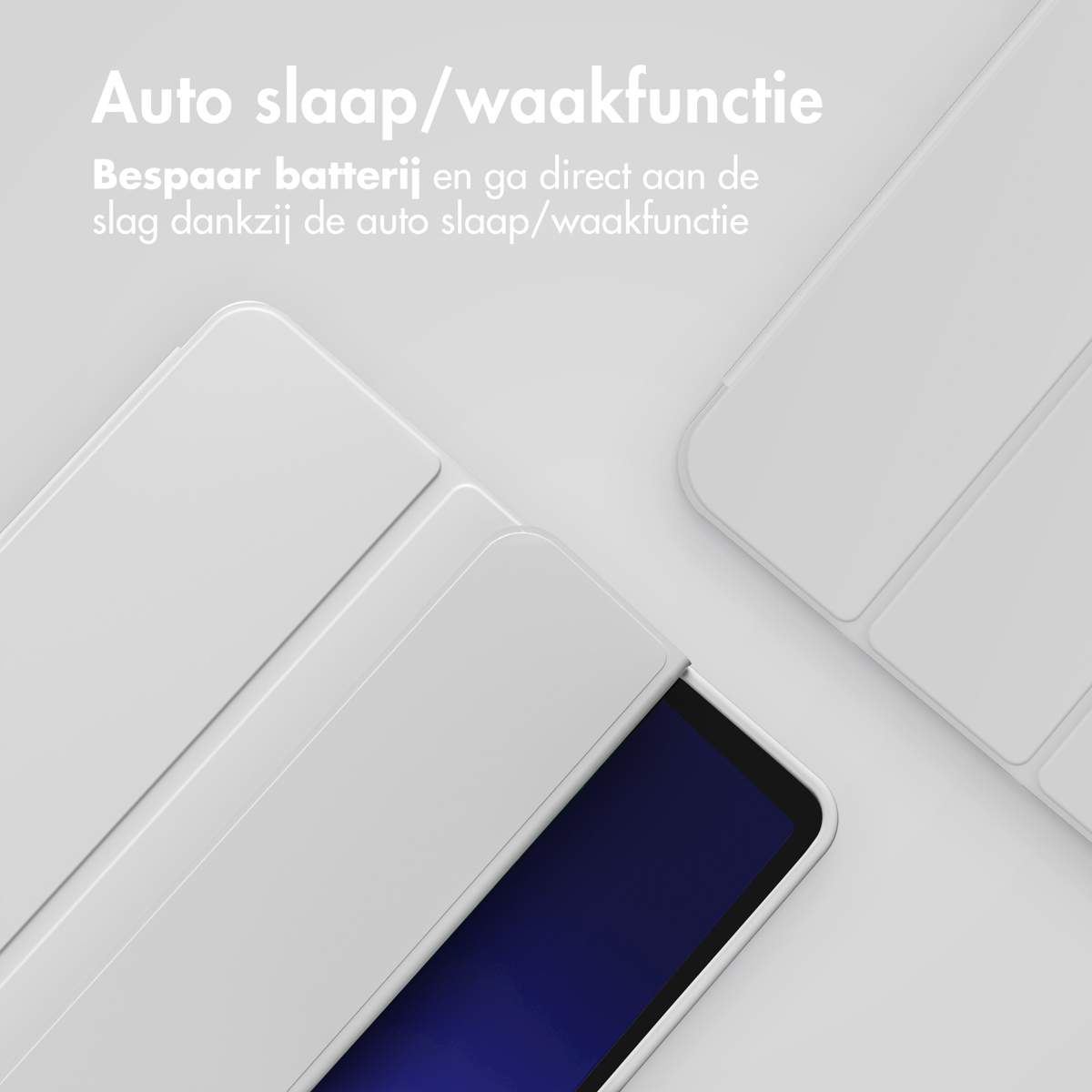 Two white tablet covers are shown. One is open, showing a screen, the other is closed.