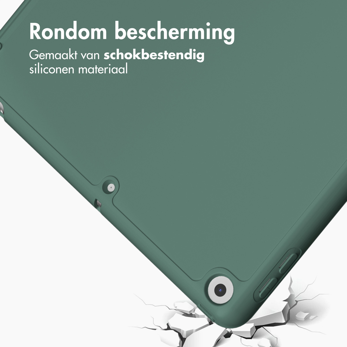Groene tablethoes. Tekst: schokbestendig siliconen materiaal. Gebarsten grondeffect onder.
