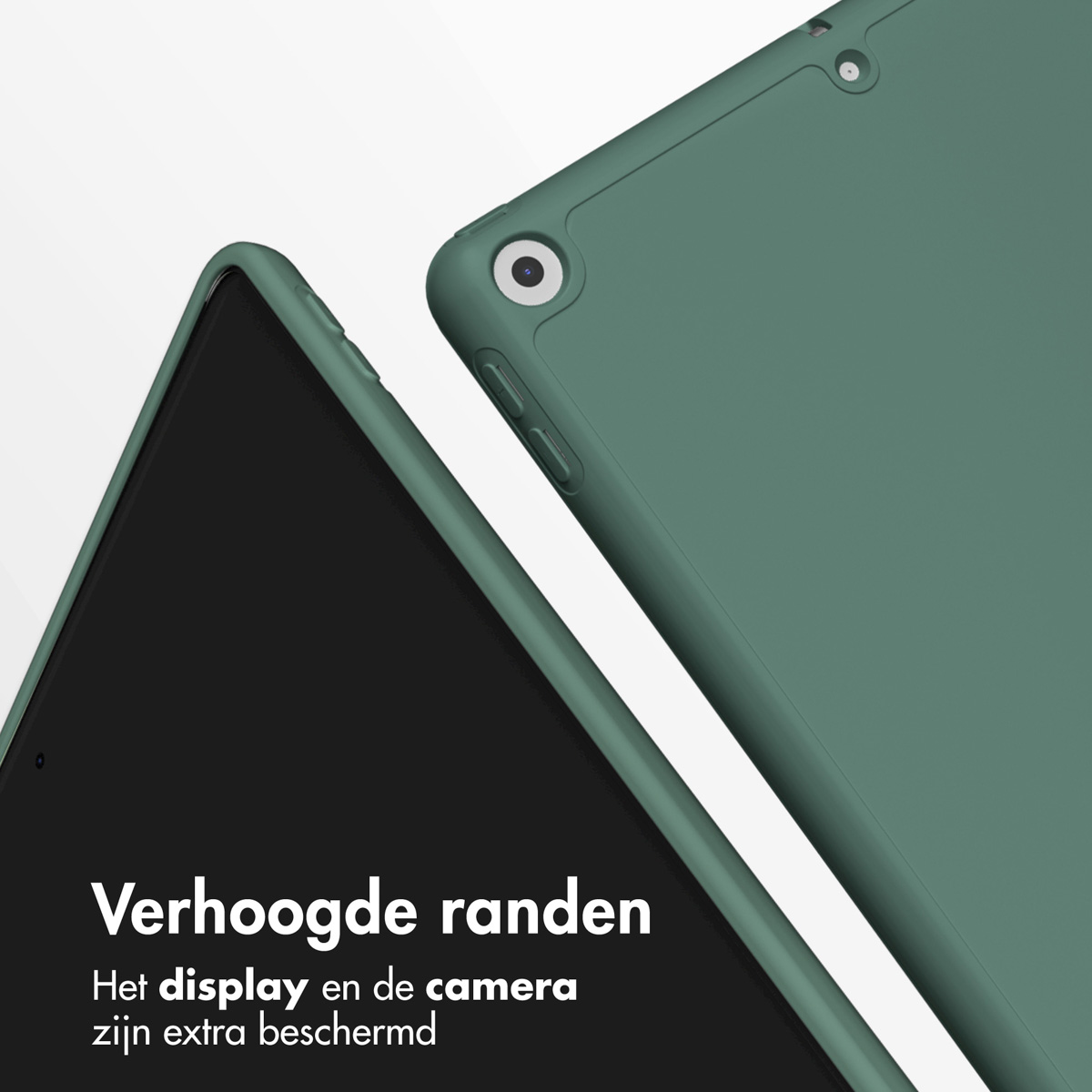 Een close-up van een tablet met een groene hoes, met details van scherm en camera.