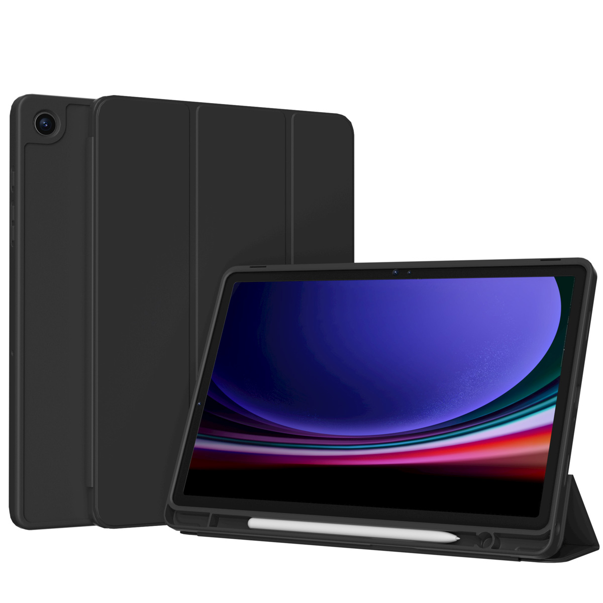 A black tablet is shown with a black case. A pen is visible on the screen.