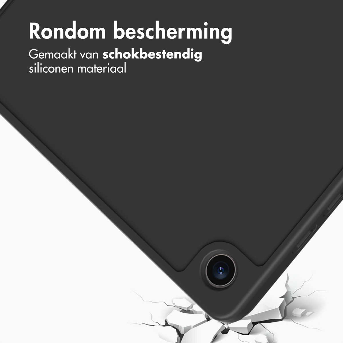 Black tablet case. The case is closed with a tablet inside.