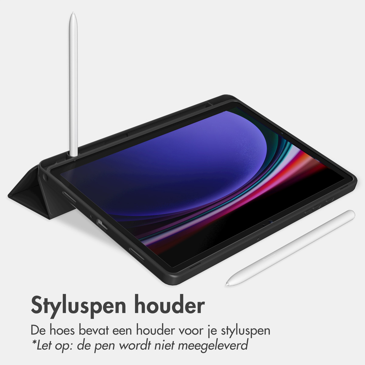 Black tablet case with white stylus. The screen shows a landscape.