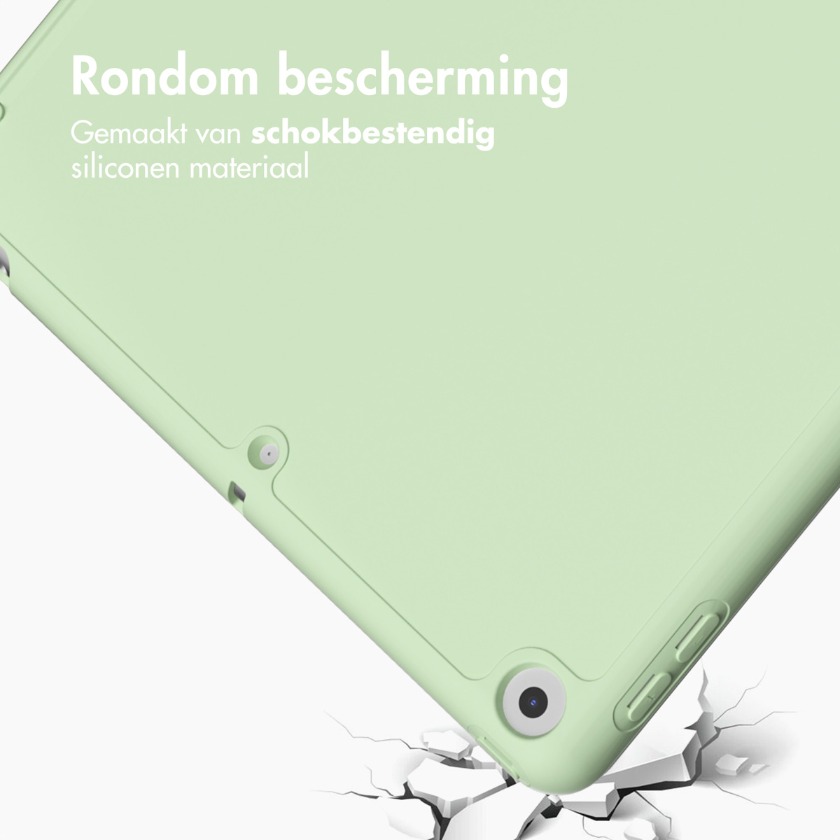 Green tablet case with a tablet inside, with a white background.