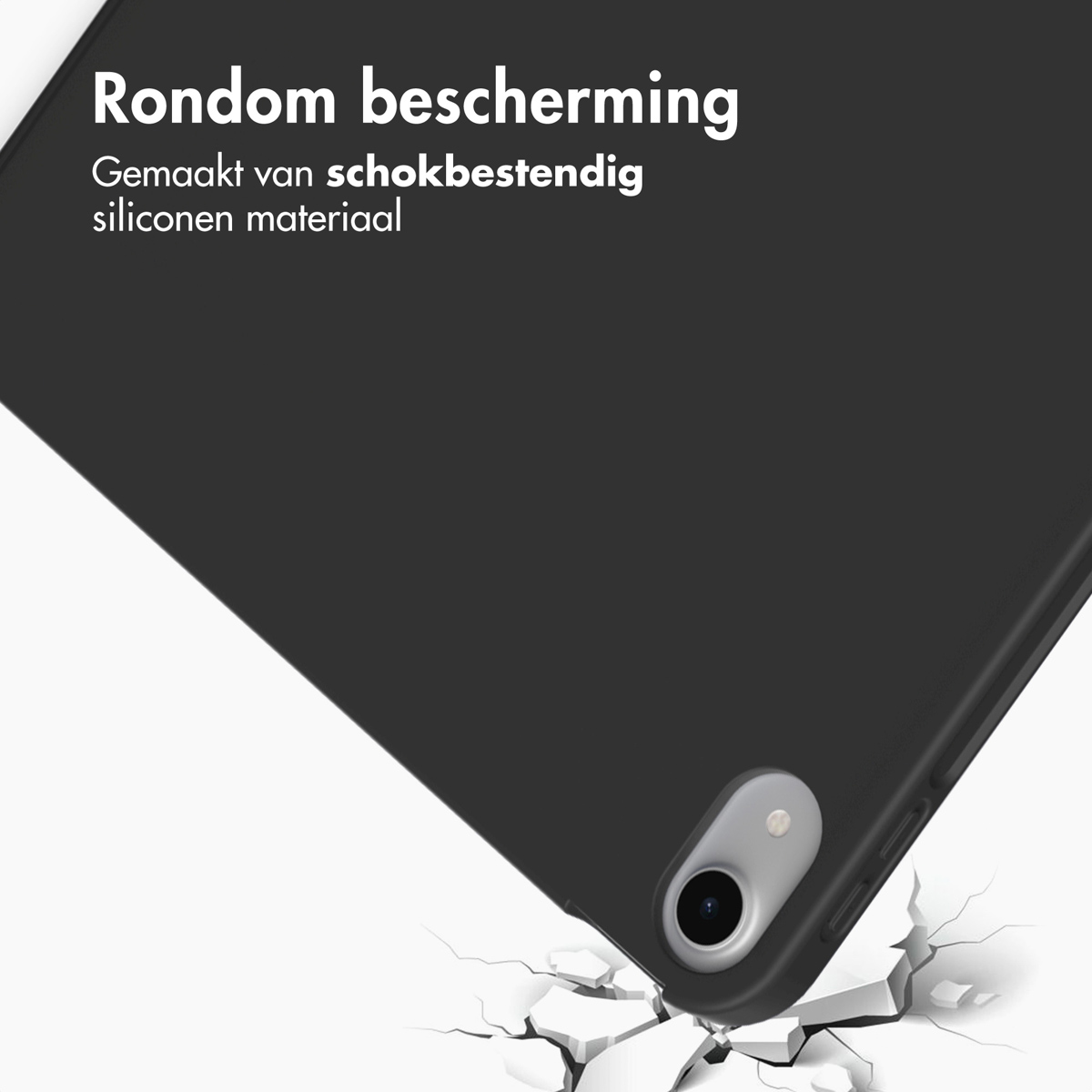 Zwarte iPad-hoes met een kapot scherm, met tekst over schokbestendigheid.