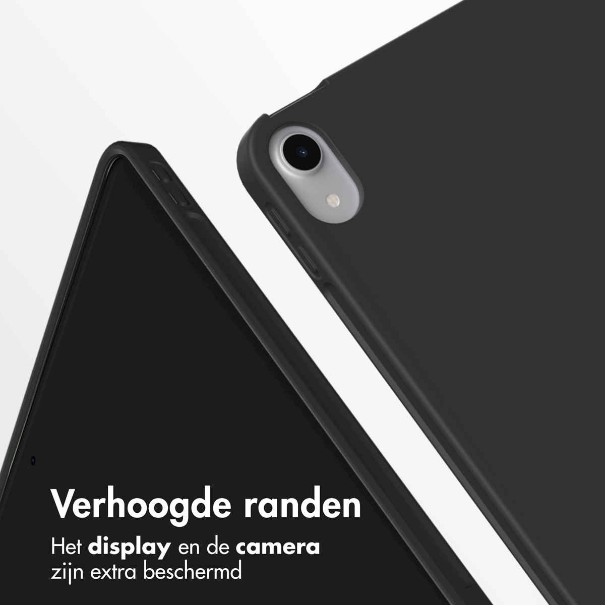 Een groene tablet met stylus, tegen een groene hoes op een witte achtergrond.