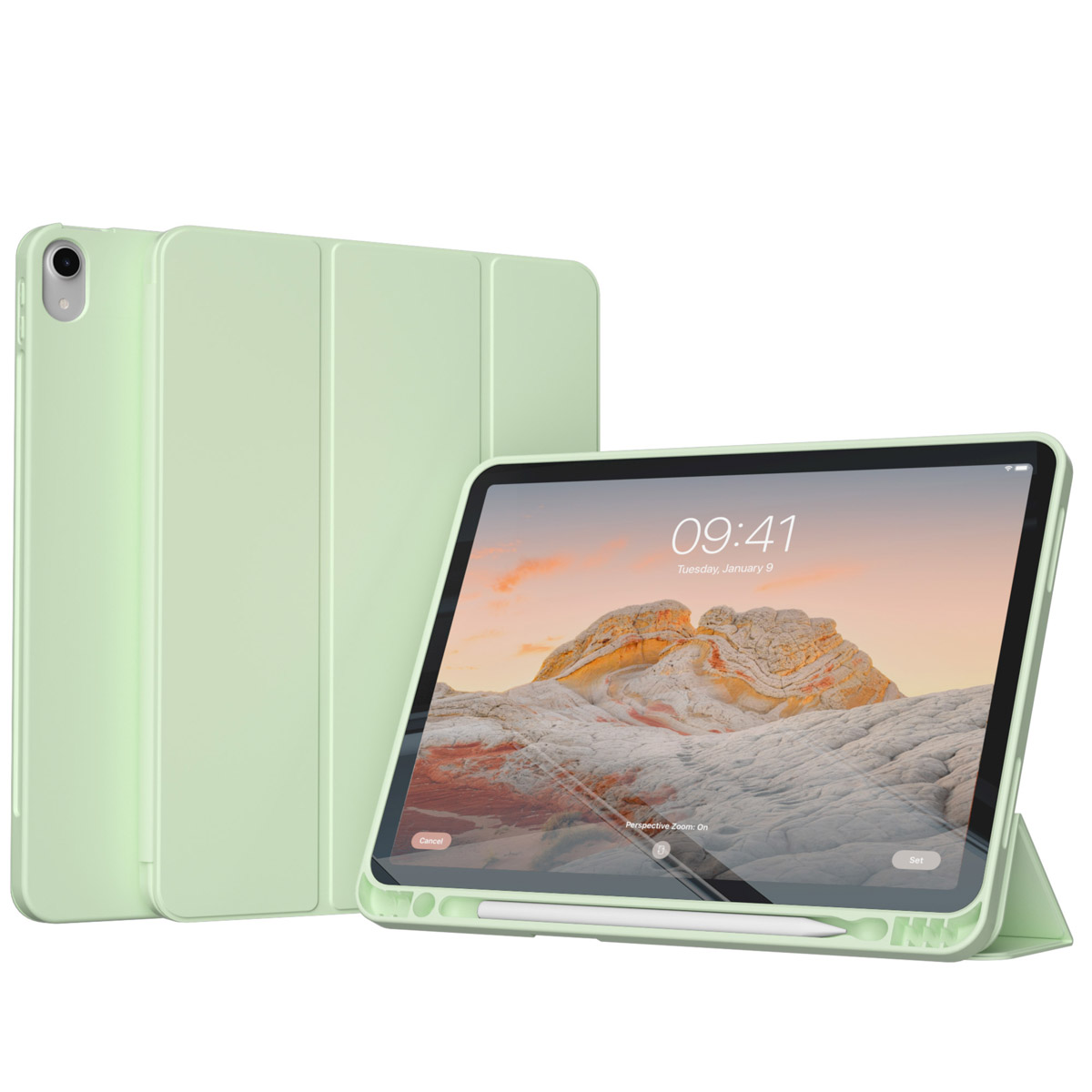 Groene iPad-hoes met een iPad erin, naast een andere hoes. De iPad staat aan.