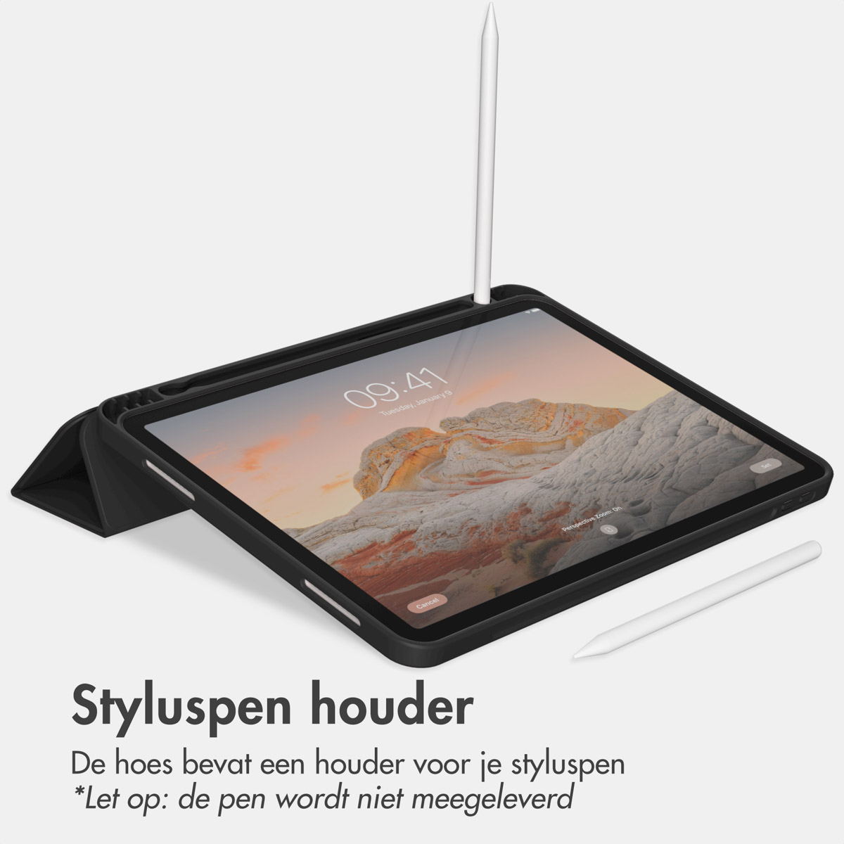 Tablet met styluspen, zwarte hoes en een witte pen.