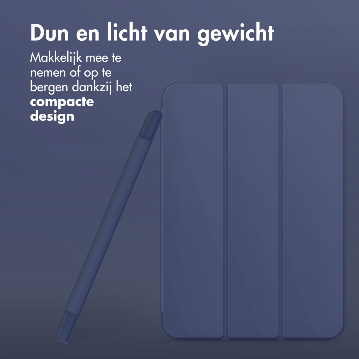 Blauwe tablethoes en stylus op blauwe achtergrond. Tekst: Dun en licht.