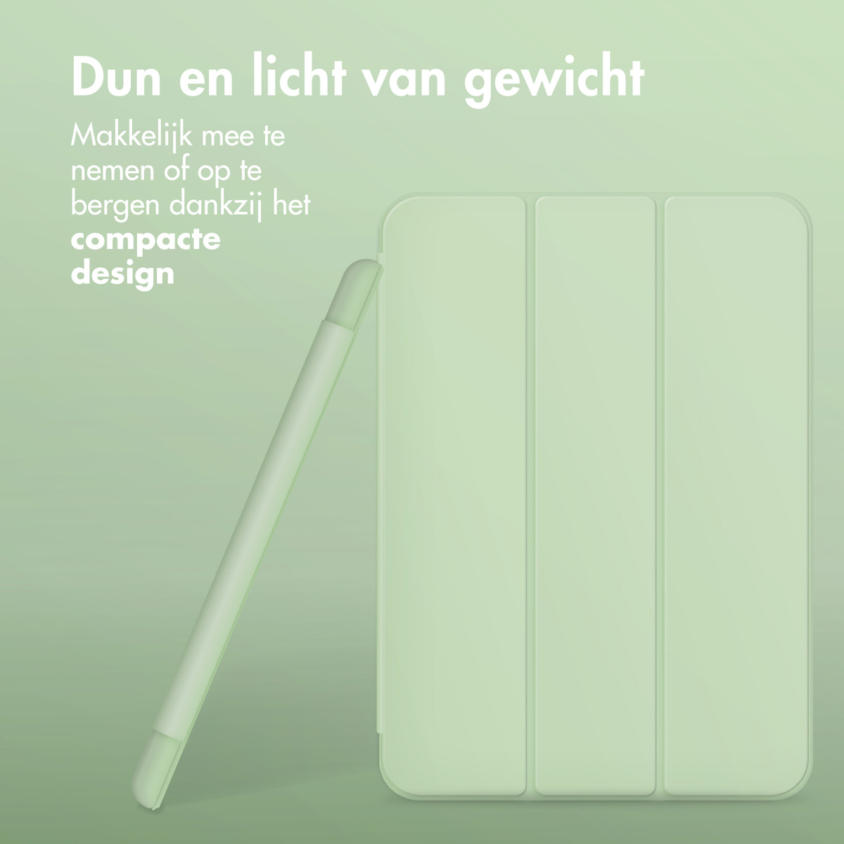 A tablet in a light green case, with a stylus. White background. Compact design.