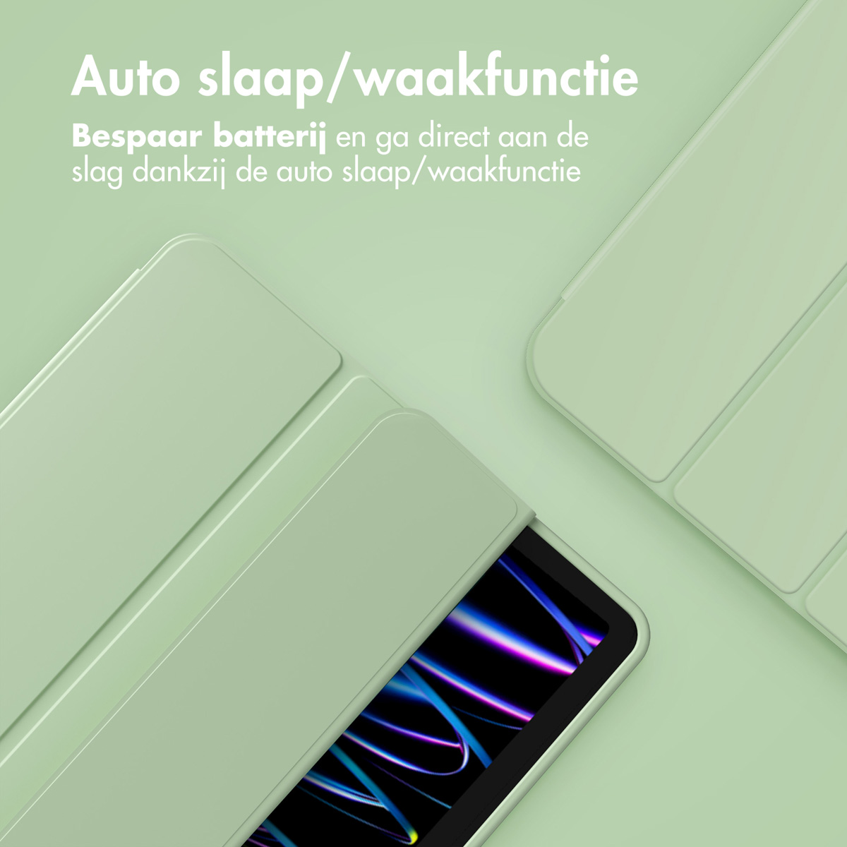 Groene tablethoes met tablet erin. Tekst: Automatische slaap/waakfunctie. Bespaar batterij.