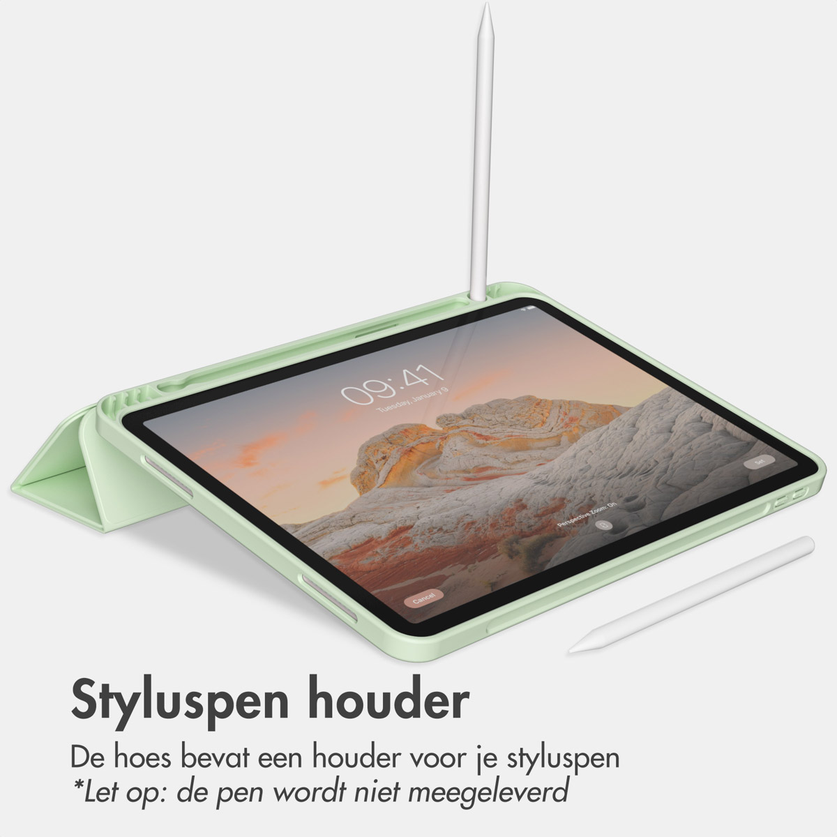Groene iPad-case met stylus. Tekst: Styluspenhouder. Pen niet inbegrepen.