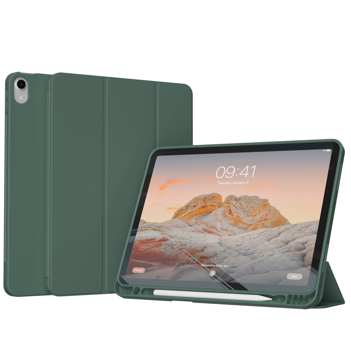 Groene tablet met hoes en pen. Scherm toont klok en landschap.