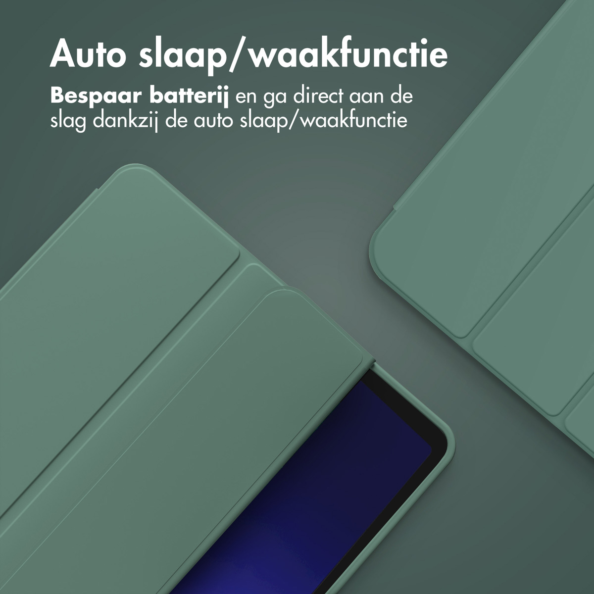 Two green tablet cases. One is open with a blue screen. Auto sleep/wake function.
