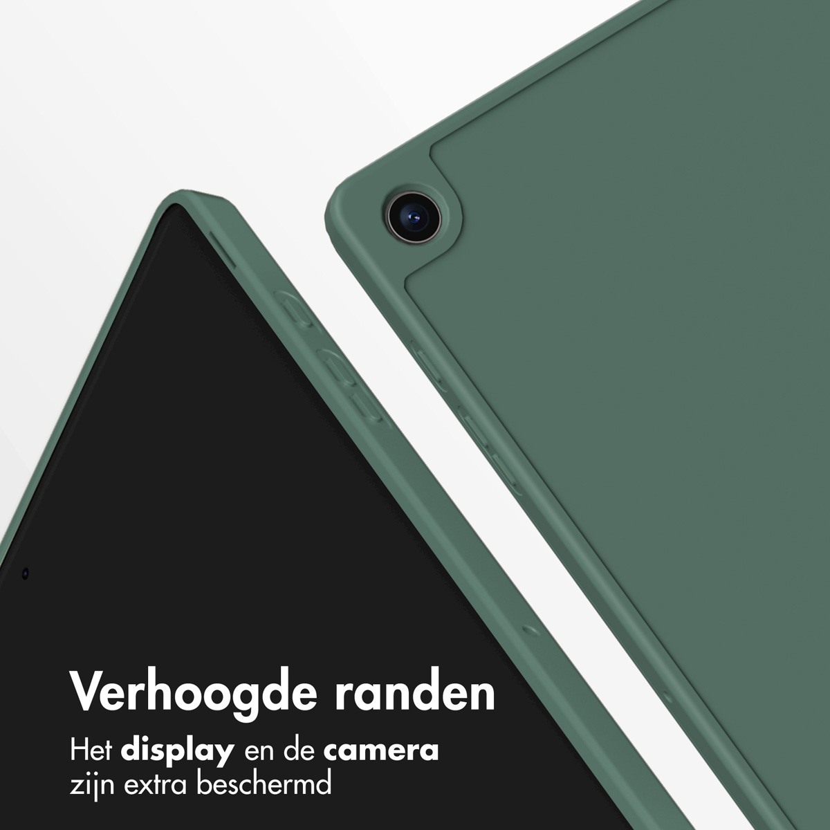 Tablet case with green border. Display and camera are protected.