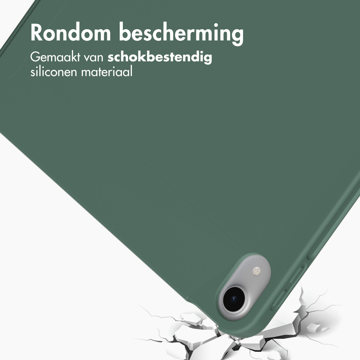 Een groene tablethoes op een oppervlak, met scheuren die verschijnen vanaf de plek waar hij viel.