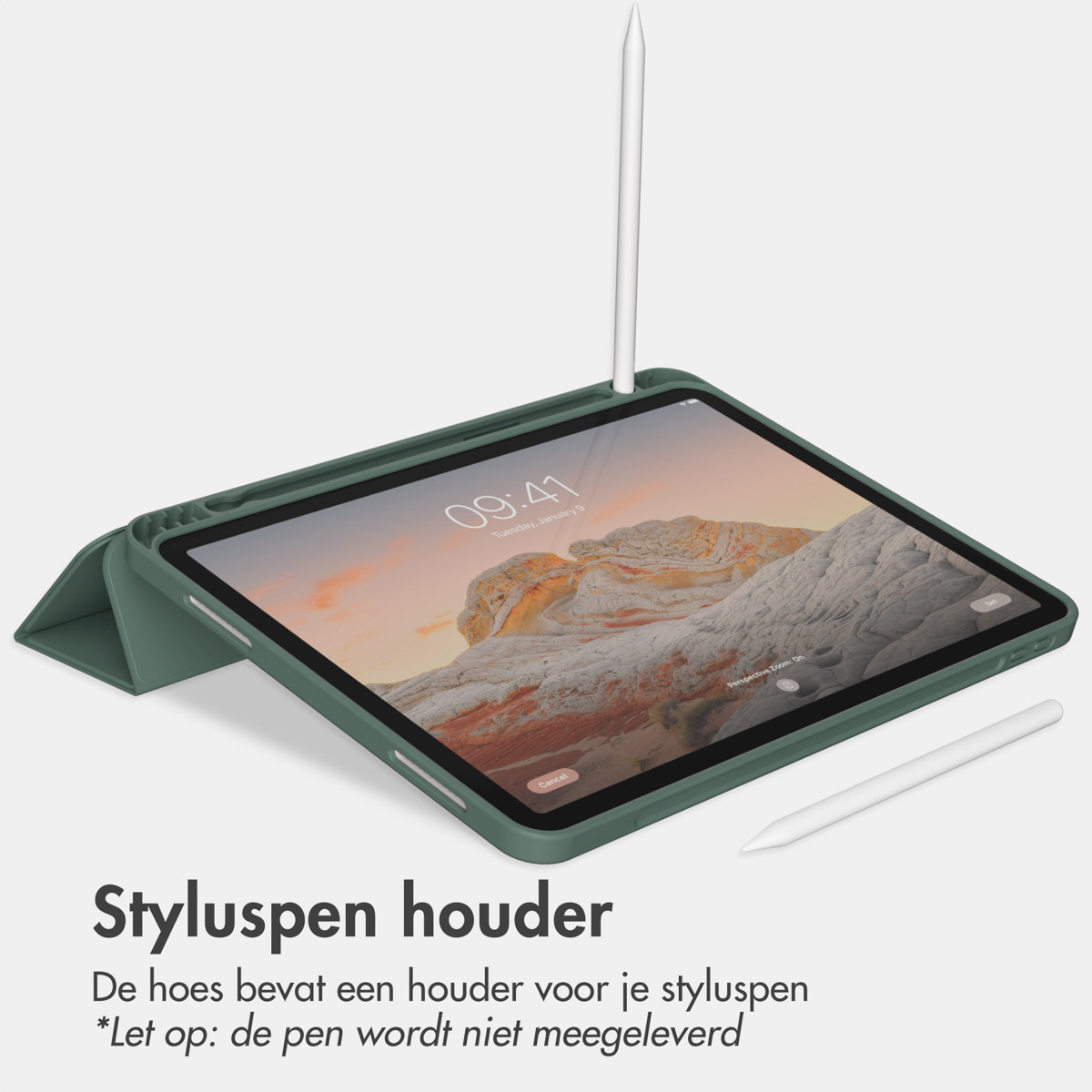 Groene iPad-hoes met een stylus en een iPad met een klok. De hoes is open.