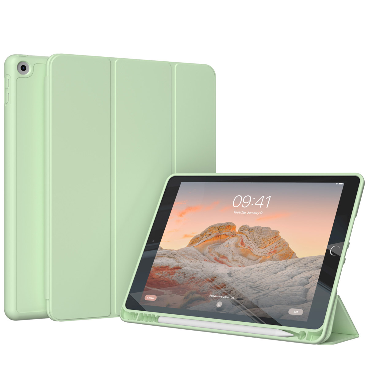 Lichtgroene iPad en een bijpassende hoes. Een stylus ligt naast de iPad.