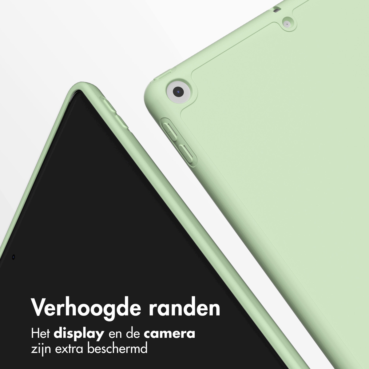Close-up van een lichtgroene tablethoes. Het scherm van de tablet is zwart. De randen zijn verhoogd.