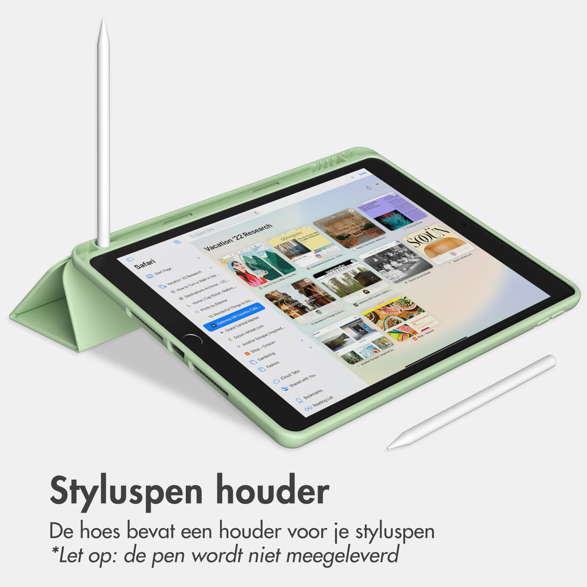 Tablet met groene hoes, stylus, toont een webpagina met meerdere afbeeldingen.