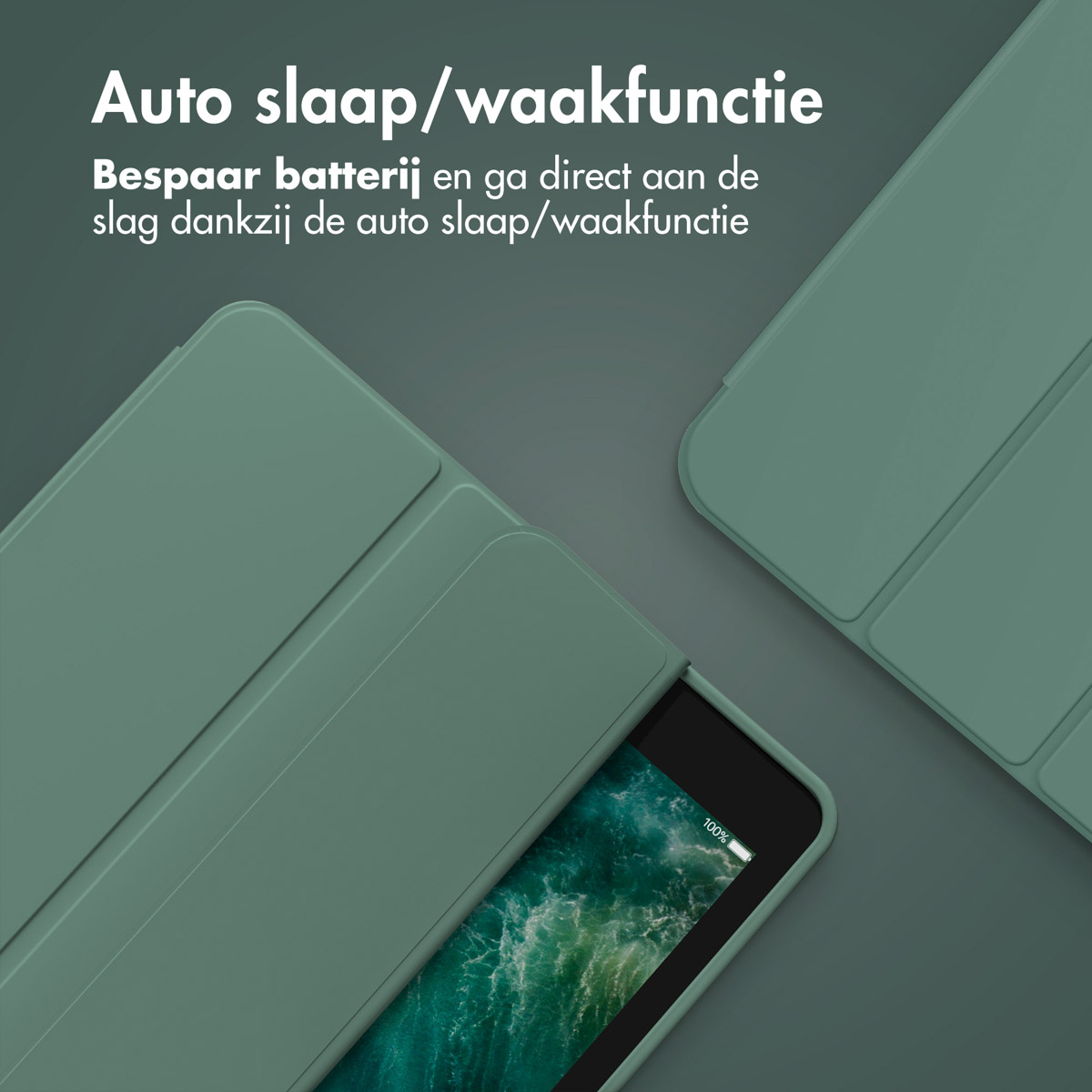 Green tablet case, open with the tablet screen showing 100% battery.
