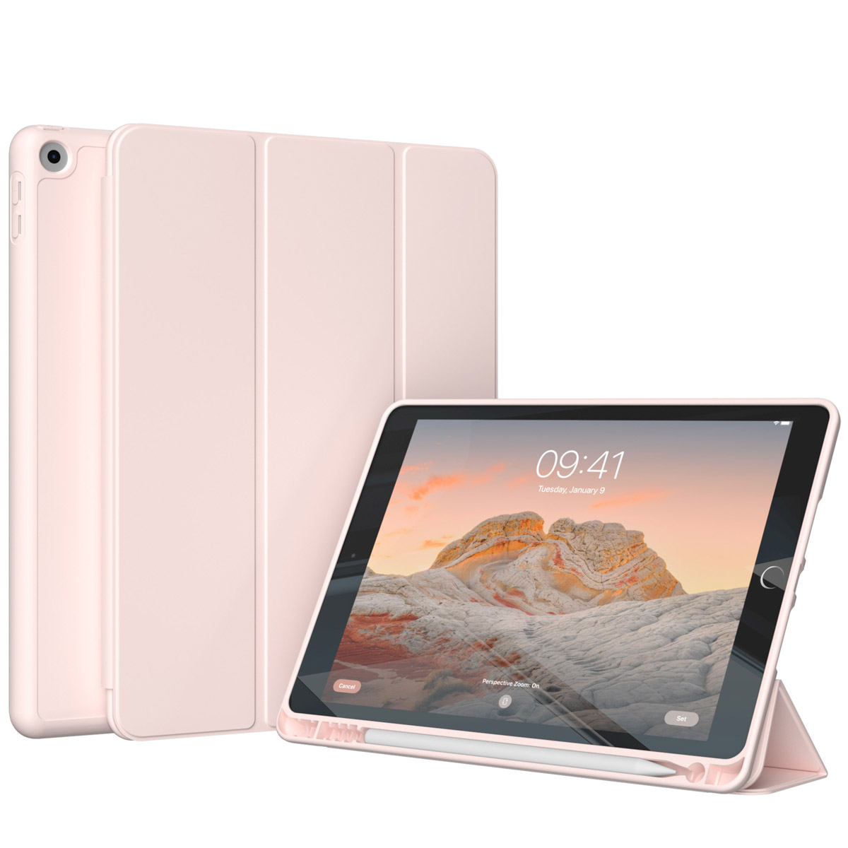 Roze tablet met een hoesje. Het scherm toont een weergave met de tijd.