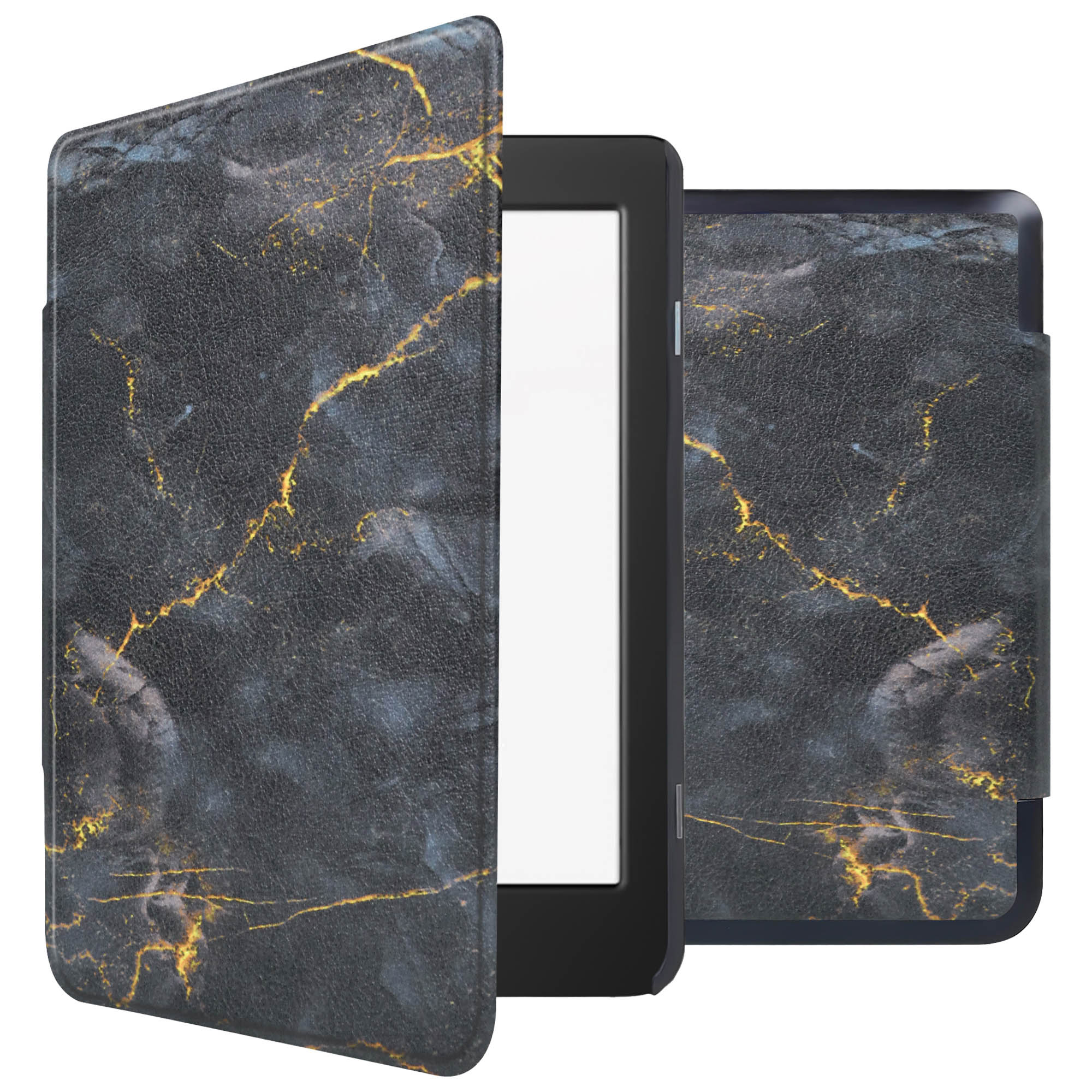 Tablette avec étui en marbre noir, ouverte pour montrer l'écran.