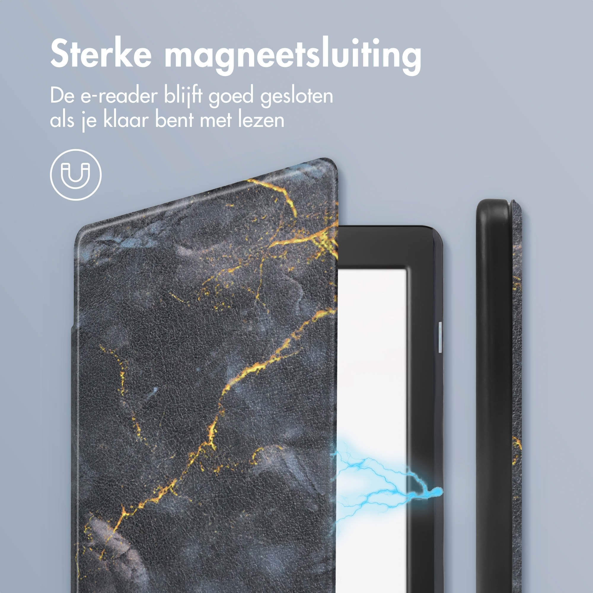 Une liseuse avec fermeture magnétique marbrée et effets d'éclair bleus.