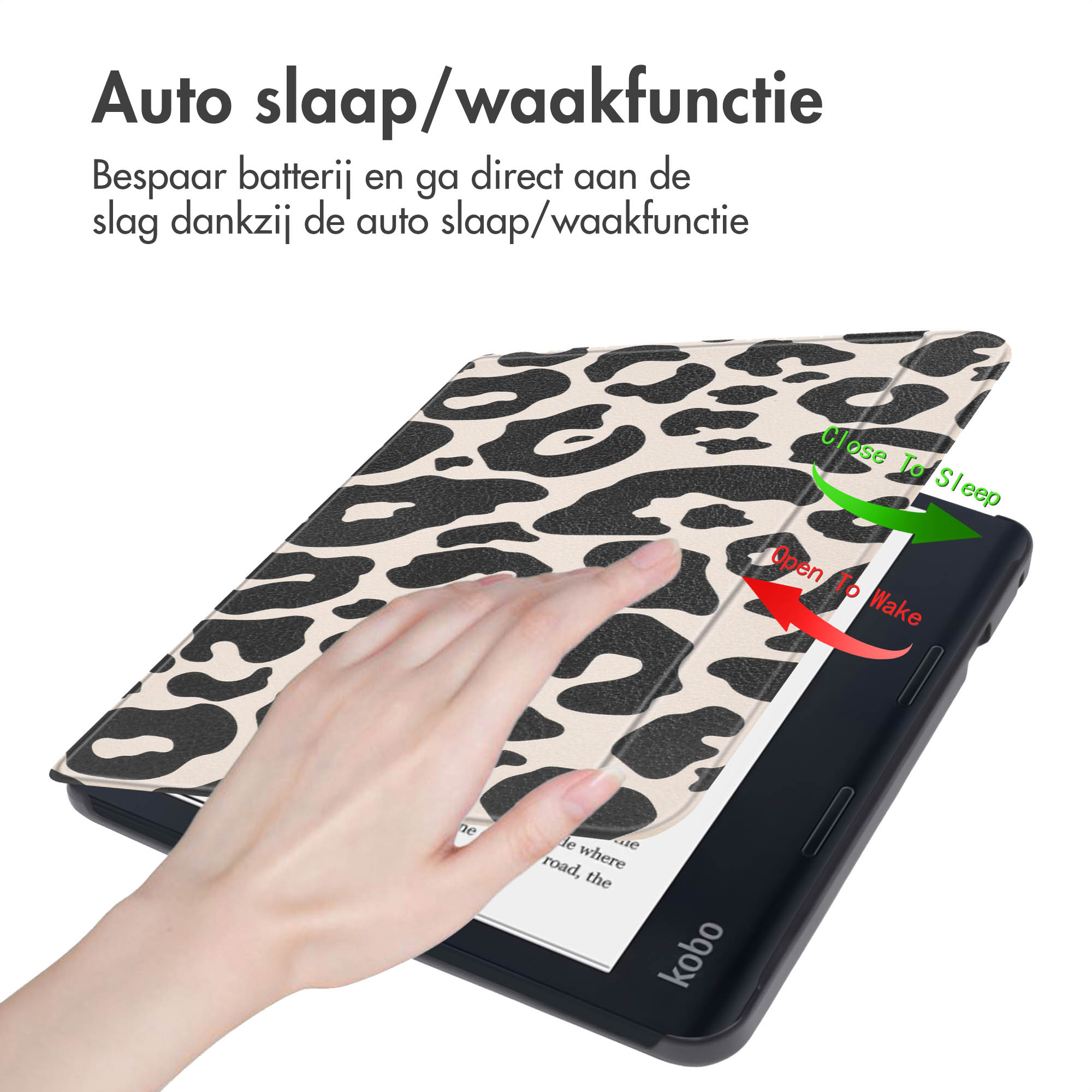 Une main ouvre un lecteur Kobo avec une housse léopard. Le texte indique la fonction de mise en veille/réveil automatique.