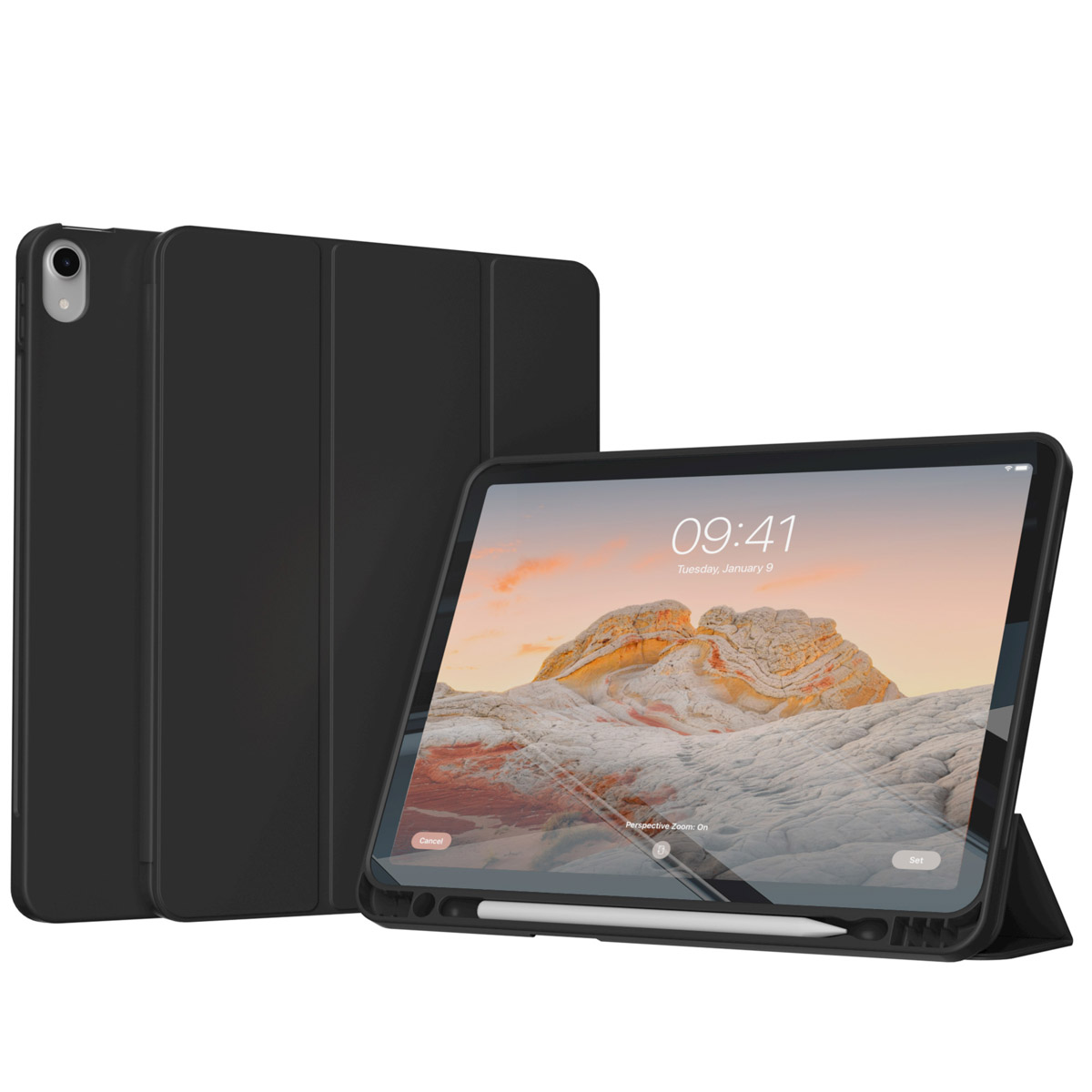 Een iPad in een zwarte hoes met een pen, op een oppervlak geplaatst.