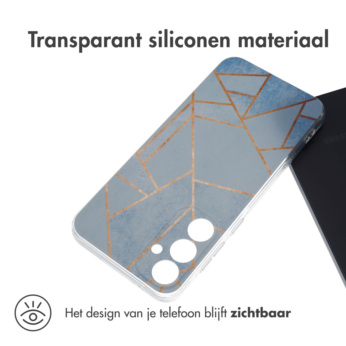 Een telefoonhoesje met een blauw en goud geometrisch ontwerp op een grijze achtergrond, met tekst.