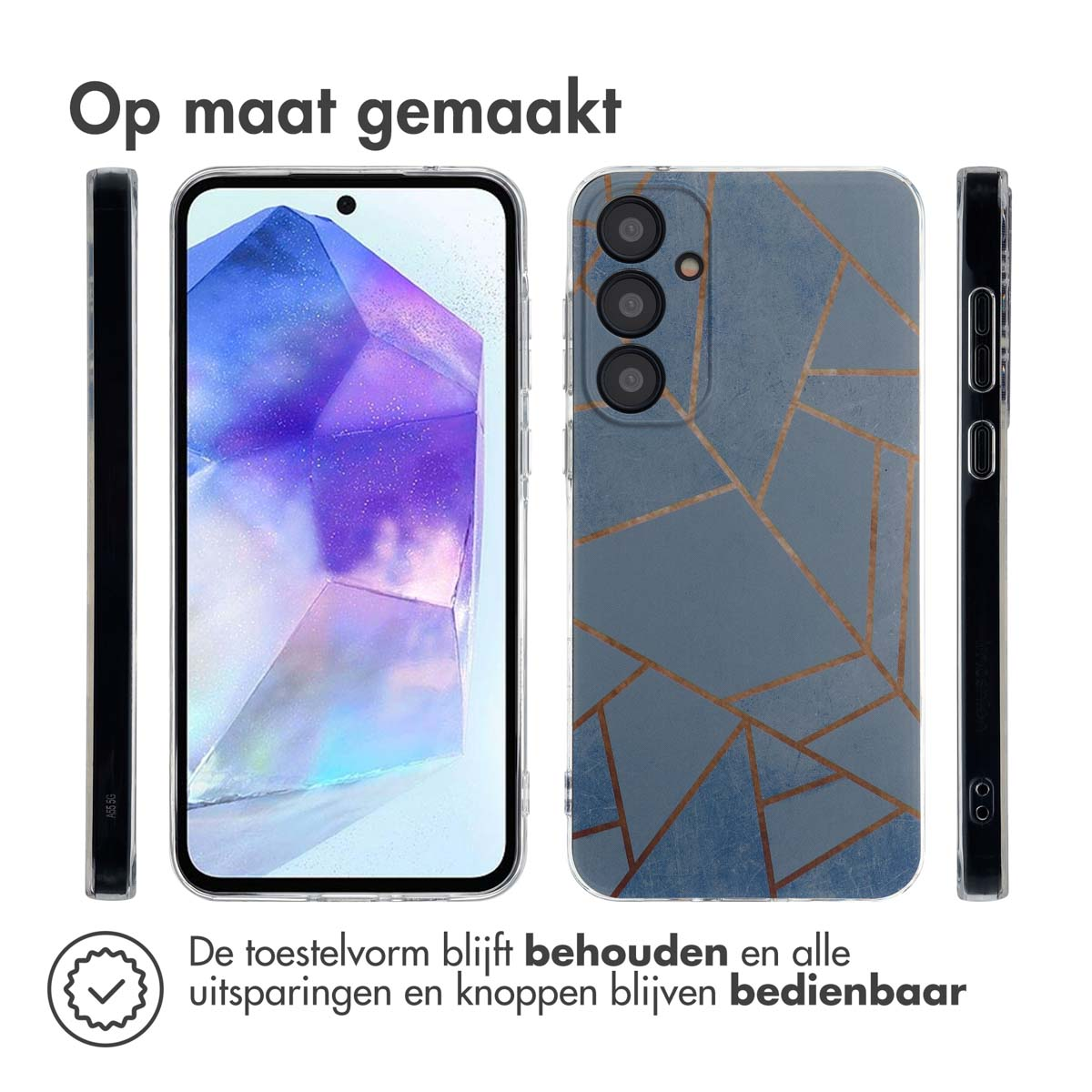 Telefoonhoes tegen een witte achtergrond. De hoes is transparant met een blauw en goud design.