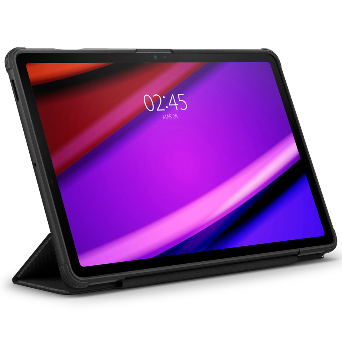 Tablet in een zwarte hoes, met een kleurrijke abstracte achtergrond.