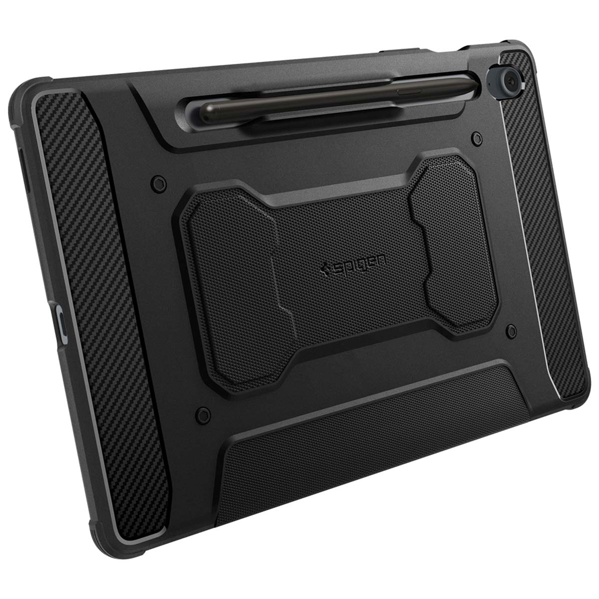 Zwarte Spigen iPad-hoes met een penhouder en een koolstofvezeltextuur.
