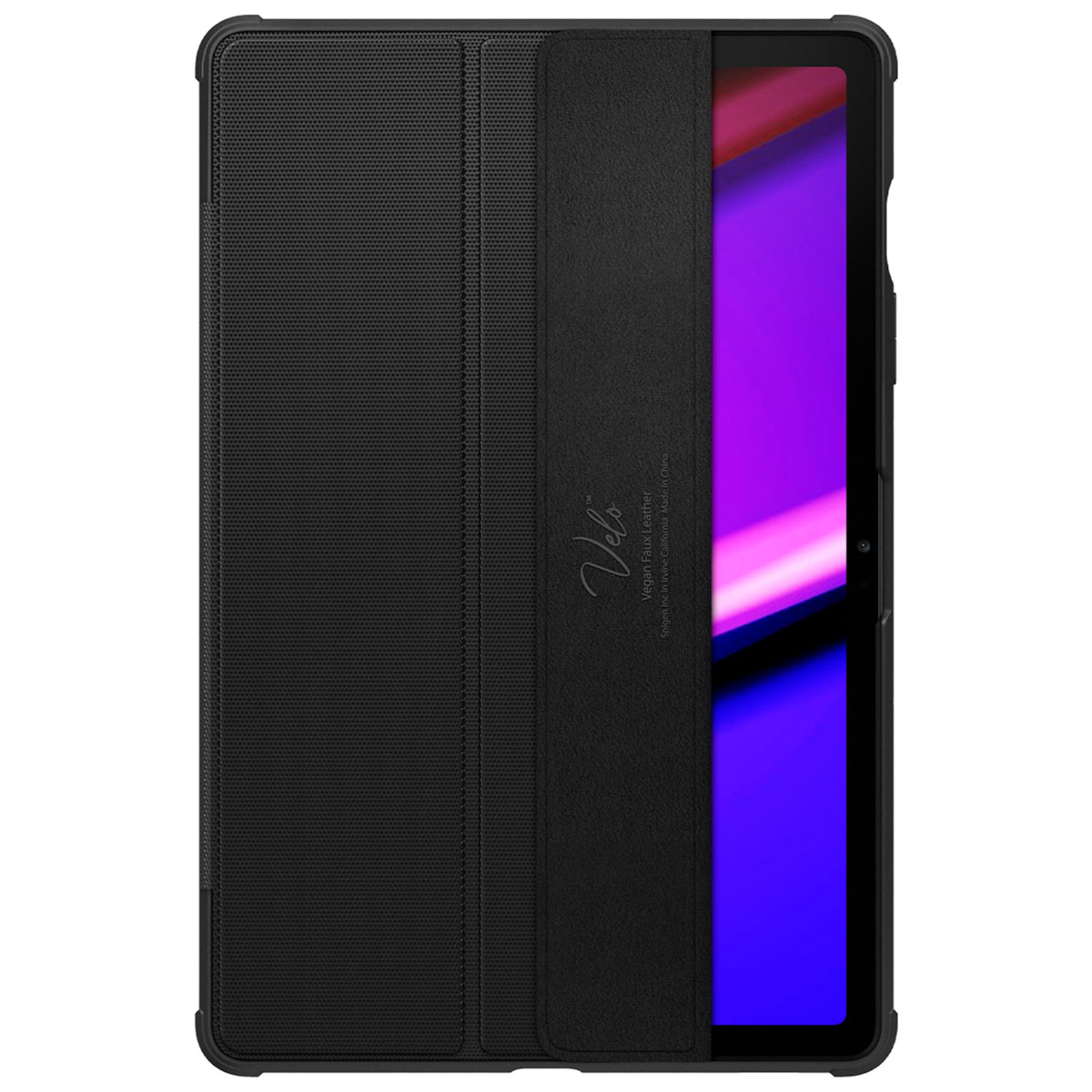 Een zwarte tablethoes met een getextureerde afwerking. De tablet is gedeeltelijk zichtbaar.