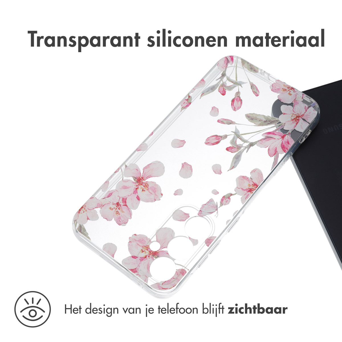 Coque transparente avec motif floral rose. Texte: Design visible. Motif floral.