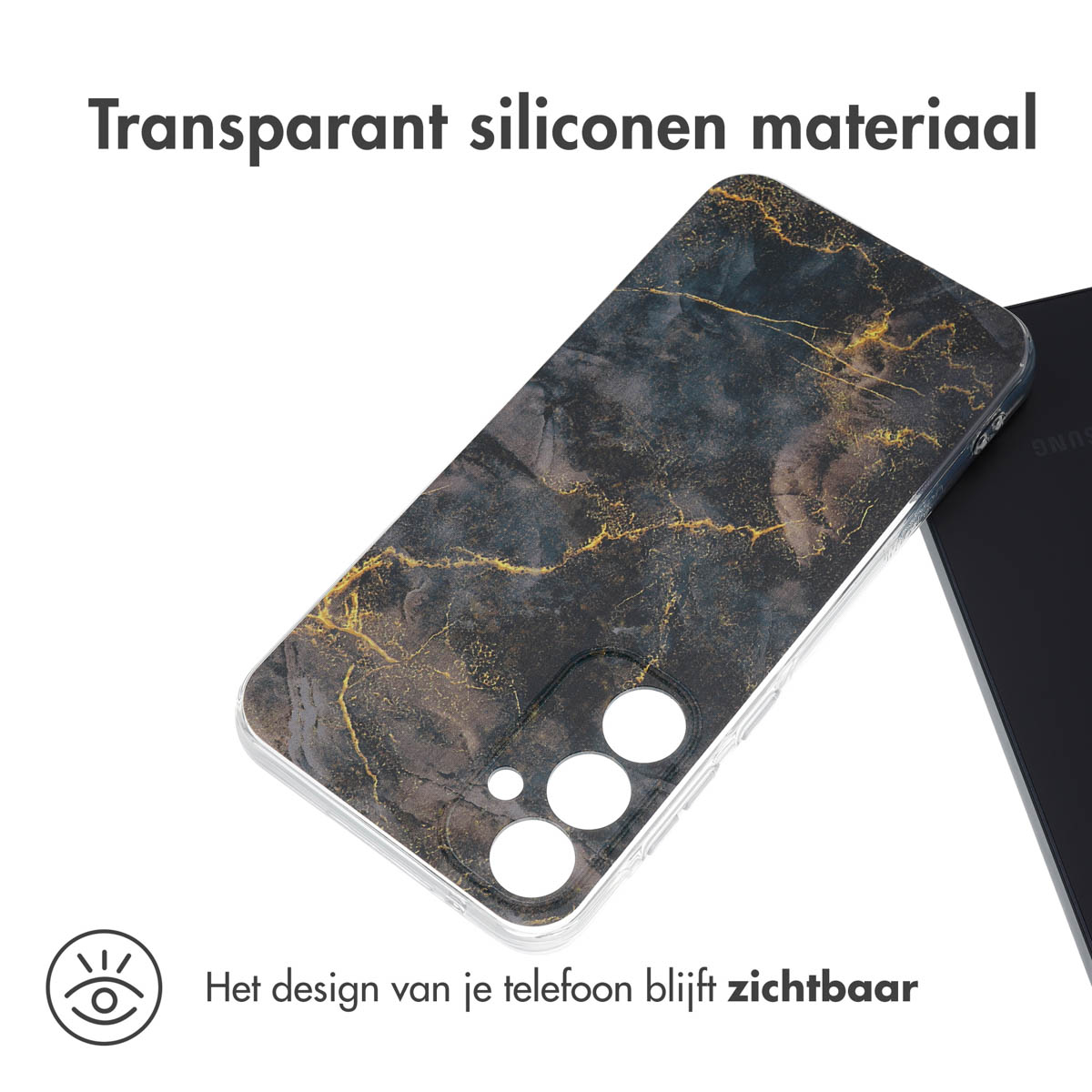 Transparante telefoonhoes met hartjes. De hoes zit op een telefoon, toont het ontwerp.
