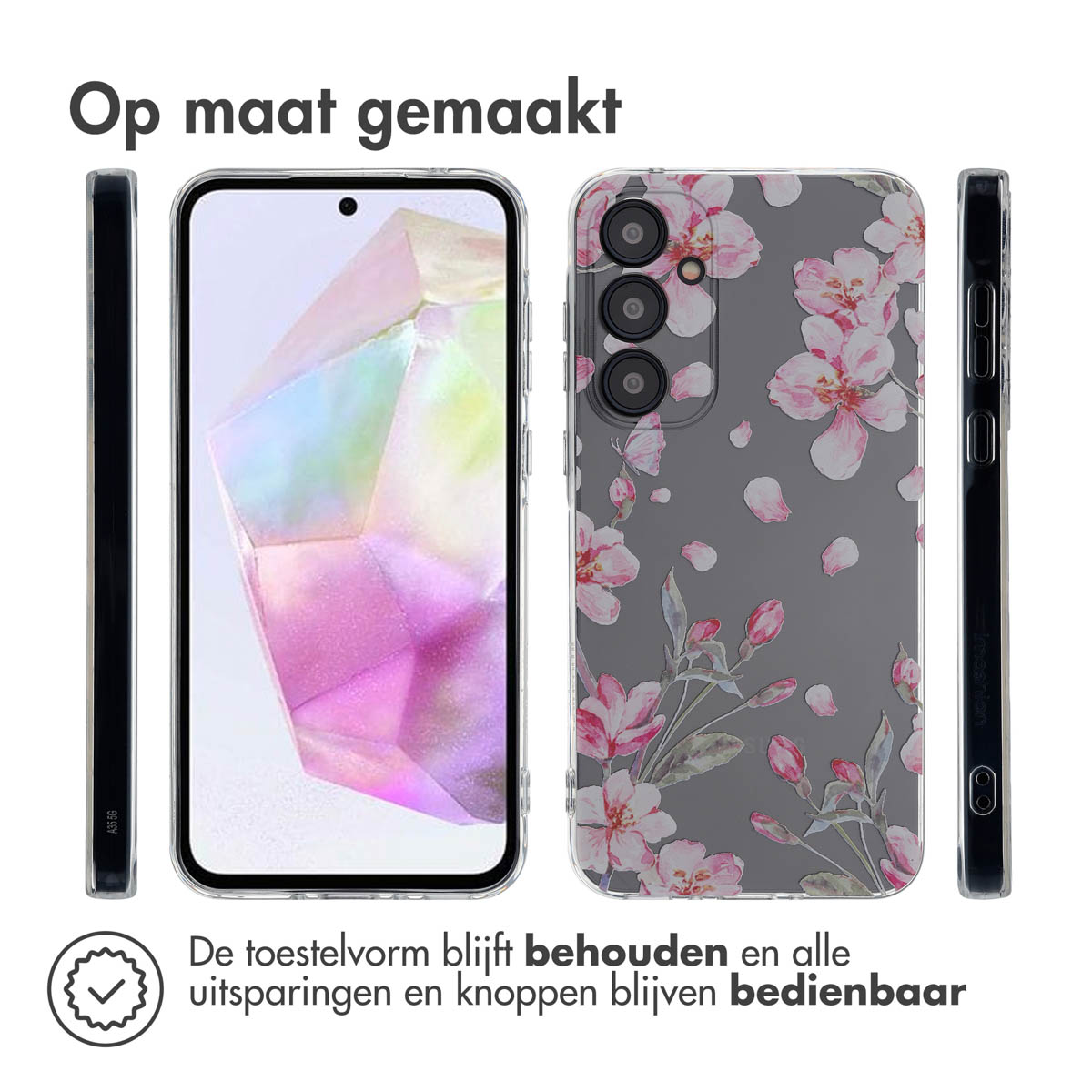 Coque de téléphone avec un motif floral. La coque est sur un téléphone, avec des vues latérales et de bord.