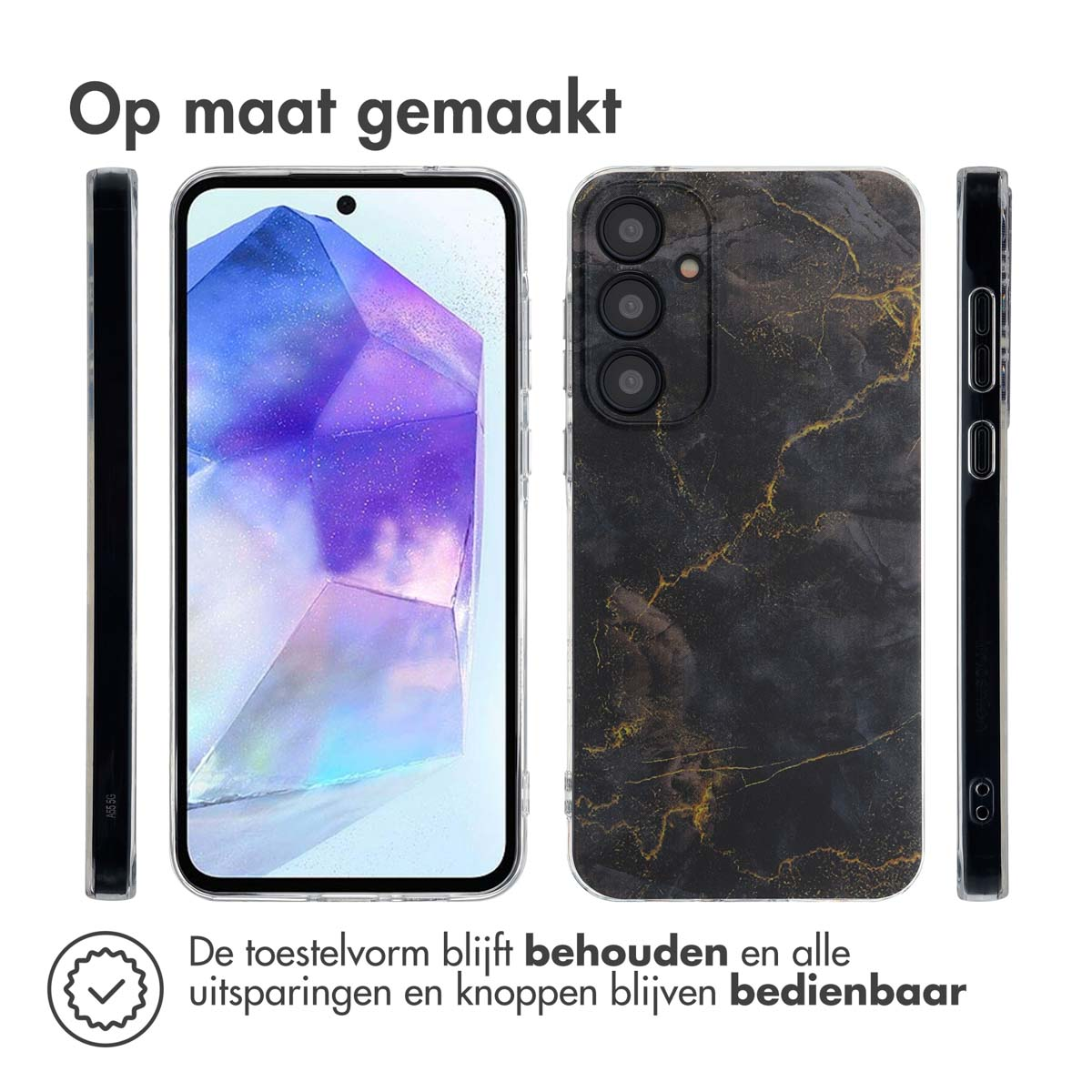 Telefoonhoesje met een marmerontwerp. De hoes zit op een telefoon, met zijkanten en randen.