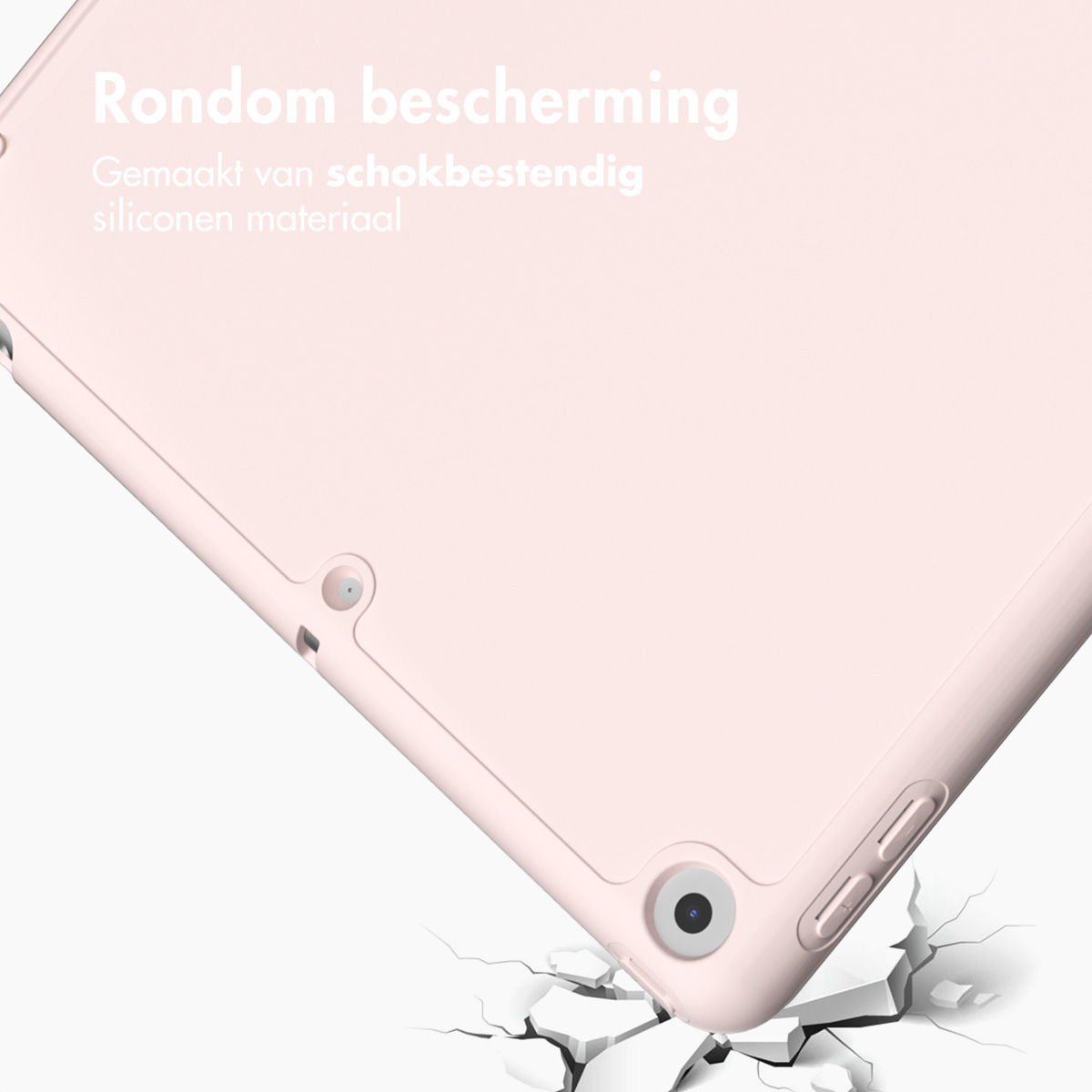 A pink tablet case with a corner close-up showing it being dropped and cracking the ground.