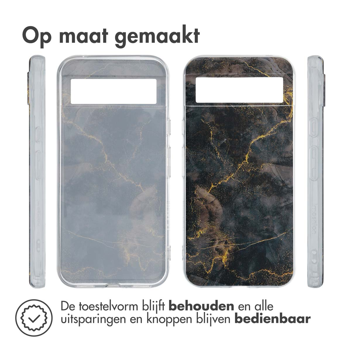 Handyhülle mit Marmormuster. Das Design ist schwarz mit goldenen Adern. Die Hülle ist transparent.