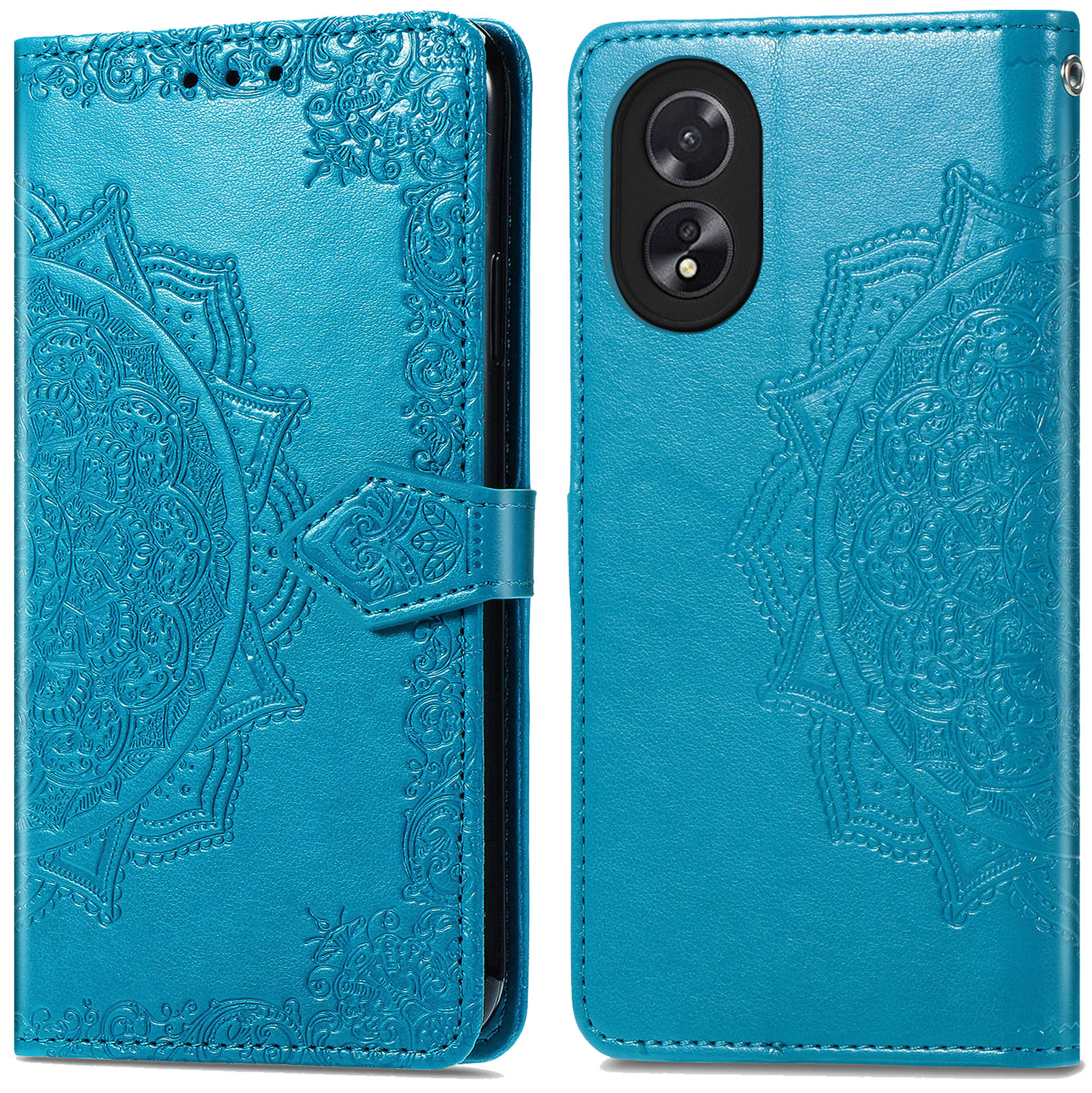 Coque de téléphone bleue ouverte, révélant un téléphone. Elle présente un motif de mandala. Le fond est blanc.