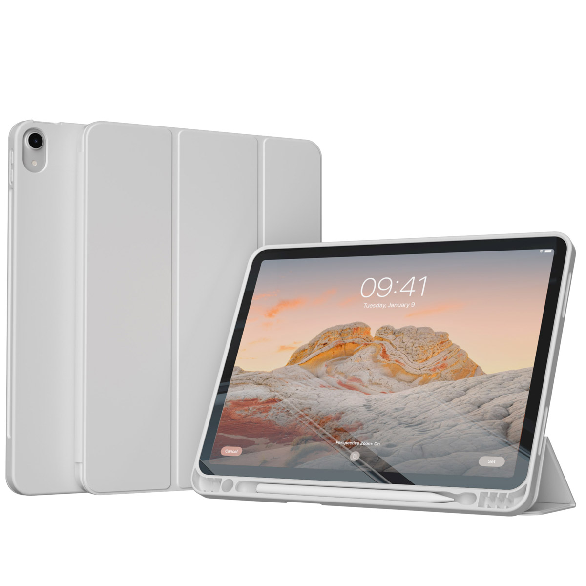 Tablet met een witte hoes, stylus, toont een landschap met een witte achtergrond.