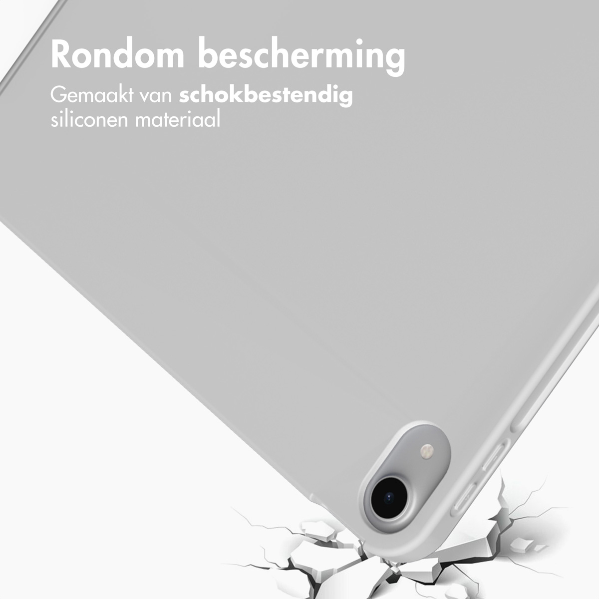 Grijze tablethoes met camera gat, breekt een oppervlak eronder.